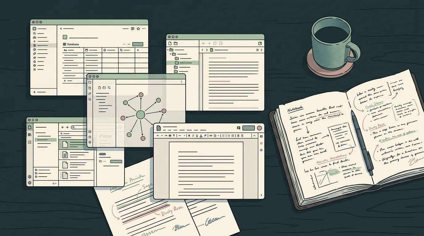 Рабочий стол автора на 14-й месяц — пять наложенных окон приложений, рукописная тетрадь, кофе